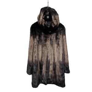 FEILI Fur Coat Womens 48 XL Brown Black Hooded Kopenhagen Fur Ombre Mid Length